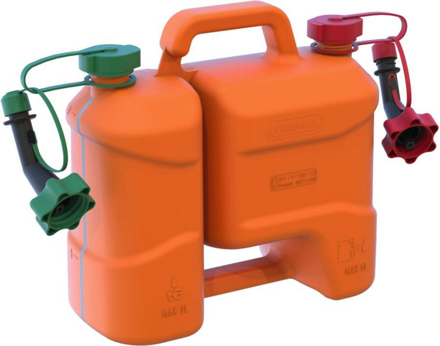Kombi-Kanister 5l Kraftstoff- u.3l Öl- behälter, PE, mit starrem Auslauf -  Lange